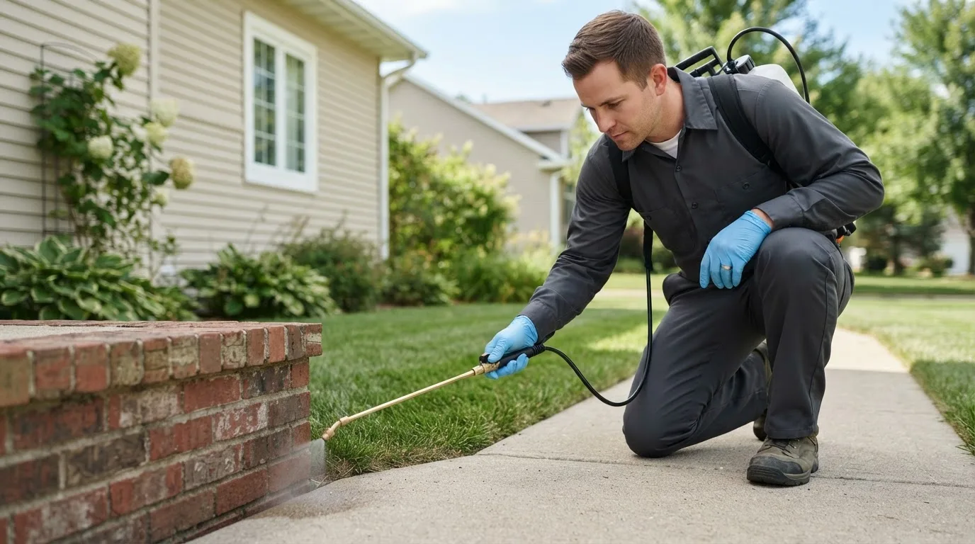Pest control technician treating a home near Westbrook, TX