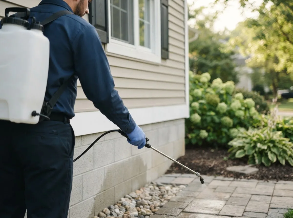 Pest control technician inspecting a home in Westbrook, TX